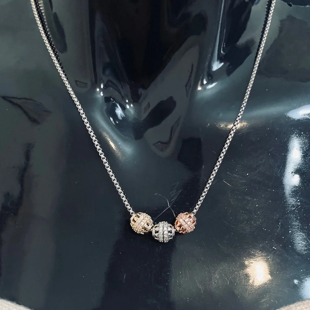 Tri Tone Filigree Bead Necklace 18K Gold Filled CZ Embellished NWOT
